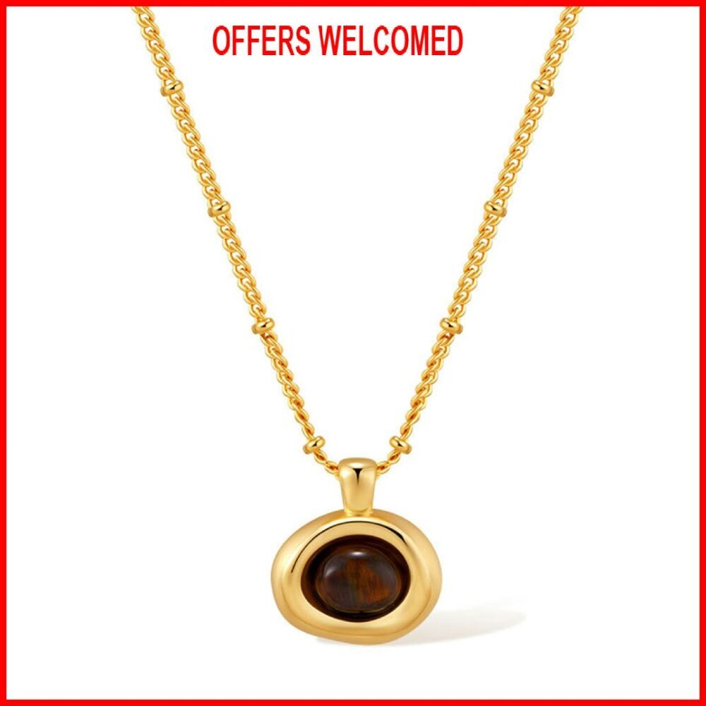 Gold Tiger Eye Pendant Necklace 16 Chain Adjustable Lobster Clasp